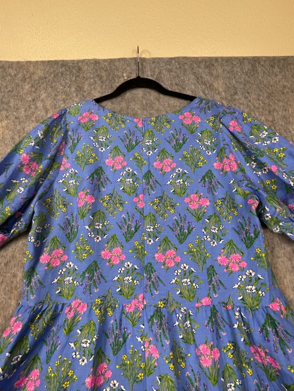 LOFT Linen Periwinkle Floral Print Puff Sleeve Mini BabyDoll A-Line Dress Sz 14 - Picture 8 of 16